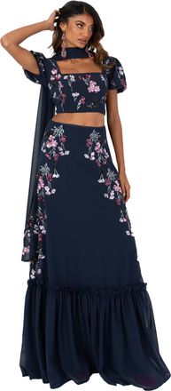 Maya Indian Traditional Dress for Women Outfit Lengha Choli Lehenga Saree Skirt and Top Dupatta Coord Set for Wedding Guest Lengha, Navy Flowers, 8