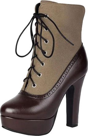 Generic Womens Fashion Party Boots Mid Calf Height Round Toe Super High Block Heel Platform With Lace Up And Mixed Color Design