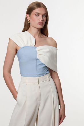 Karen Millen Womens Figure Form Bandage Knit Asymmetric Strap Top - Light Blue - Size 14 UK