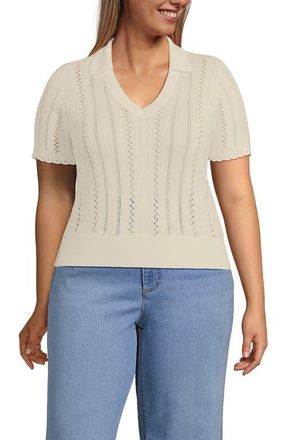 Lands End Fine Gauge Cotton Pointelle Polo Sweater in Fresh Ivory at Nordstrom, Size 2X