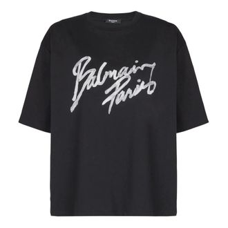 Balmain T-Shirts, female, Black, Size: XS Boxy T-shirt with Paris Brush print