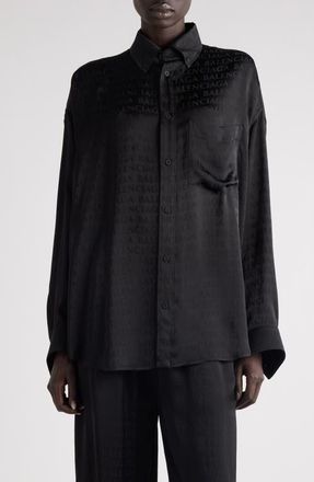 Balenciaga Cocoon Logo Jacquard Oversize Satin Button-Up Shirt in 1000 Black at Nordstrom, Size 10 Us