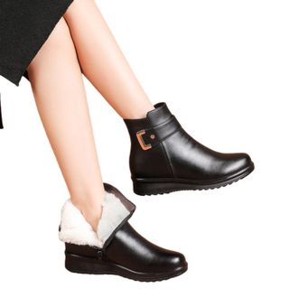 Generic Womens Metal Buckle Leather Wool Orthopedic Boots, Winter Warm Non-Slip Thickened Wool Lining Snow Boots For Women With Zipper (Wool BLACK 4,6.5)