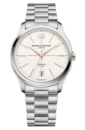 Baume & Mercier Clifton Braumatic Bracelet Watch, 39mm in White/Silver at Nordstrom