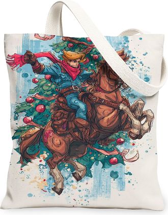 Generic Christmas Cowboy Canvas Tote Bags, Western Horse Art Reusable Grocery Bags, Colorful Lightweight Washable Shoulder Strap Ca, White, 13x15 Inch