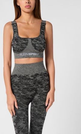 Plein Sport Seamless Crossed Straps Sport Bra Logo Women in Black at Nordstrom, Size Xx-Large