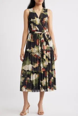 Anne Klein Abstract Print Mesh Midi Dress in Bay Leaf Multi at Nordstrom, Size Xx-Small