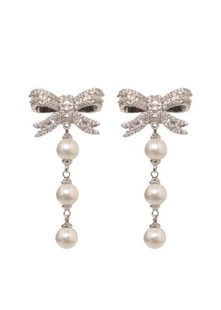 Self Portrait Crystal Bow Droplet Earrings With Pearl Accents