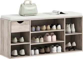 HOMCOM Shoe Storage Cabinet Bench w/ Cushion Adjustable Shelves Grey | TJ Hughes