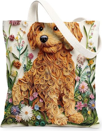Generic Paper Quilling Golden Doodle Dog Canvas Tote Bag for Shopping 13x15, Fun Wildflower Puppy Reusable Grocery Print Pattern Bag for Women, Pet Beach Aest