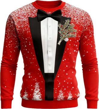 Generic Mens Christmas Ugly Jumper 3D Tuxedo Print with Red Bow Tie, Snowflake & Christmas Tree Print, Festive Red Xmas Pullover Sweater for Parties & Casual 