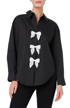 English Factory Bow Poplin Button-Up Shirt in Black at Nordstrom, Size X-Small