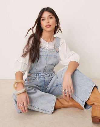 Free People good luck denim overalls in going steady blue