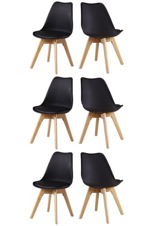Life Interiors Set of 6 Scandinavian Dining Chairs Leather Cushions Solid Wood Legs in Black