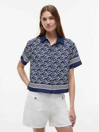 Tommy Hilfiger Womens Allover Script Monogram Voile Shirt - Navy - XS