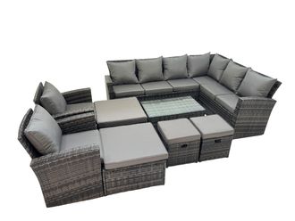 Fimous 12 Seater Garden Sofa Coffee Table Set with Chair 4 Footstools in Dark Grey