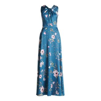 Vera Mont Kleedjes, Dames, Blauw, L, Polyester, Bloemen Avondjurk met Geplooide Halslijn