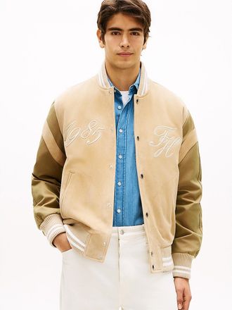 Tommy Hilfiger Mens Embroidered Suede Varsity Jacket - Beige - XL