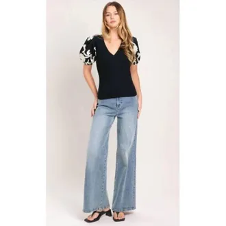 Flying Tomato Ribbed Top With Embroidered Puff Sleeves In Black