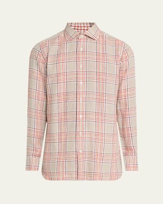 100Hands Mens Linen Check Casual Button-Down Shirt