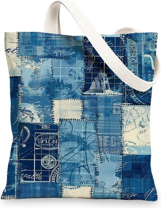 Generic Patchwork Canvas Tote Bags, Vintage Patch Design Lightweight Reusable Shopping Bags, Stylish Cotton Handbags for Gym Travel Beach 13x15 Inch
