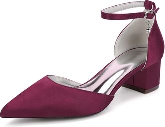 Generic Bridal Bridesmaid Wedding Shoes Womens Pointed Toe Ankle Strap Heels Block Heel Prom Party Dress Rhinestone Low Heels 4.5Cm,Burgundy,10 UK