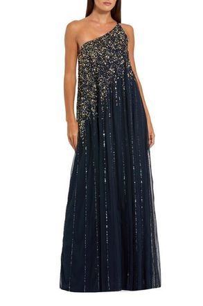 Mac Duggal One Shoulder Embellished Trapeze A Line Gown in Midnight Gold at Nordstrom, Size 14