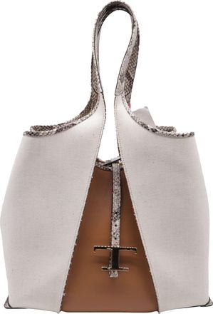 Tod's Tods Medium T Timeless Snakeskin-Trimmed Tote Bag in White Canvas