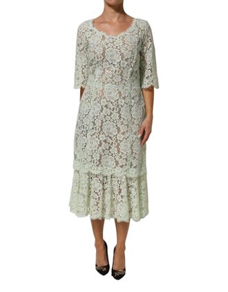 Dolce & Gabbana Mint Green Floral Lace Trim Midi Womens Dress