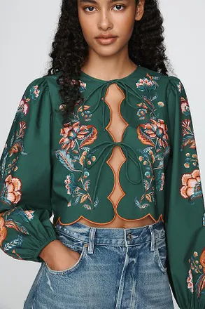 Farm Rio x Anthropologie 100% Cotton Scalloped Tie-Front Blouse
