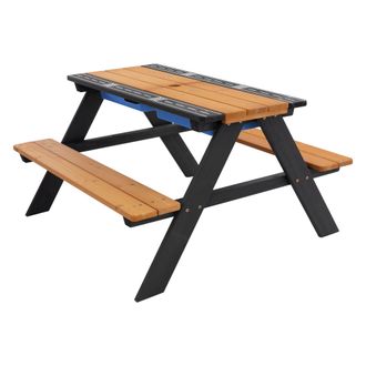 ML Design Asientos Y Mesa De Camping 2en1 Madera Maciza Juego De Arena Y Agua Para Ni&ntilde;os Marr&oacute;n Natural Con Encimera Extra&iacute;ble Mueble De Jard&iacute;n Incluye 2 Cubeta