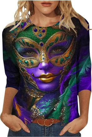 Generic 2026 Mardi Gras Tops for Women UK Casual 3/4 Sleeve Carnival Mask Graphic Shirts Dressy Comfy Crew Neck Loose Fit Blouse Ladies Elegant Lightweight Go