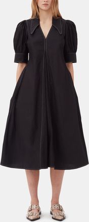 Ganni Black Cotton Poplin V-Neck Midi Dress - Size 32