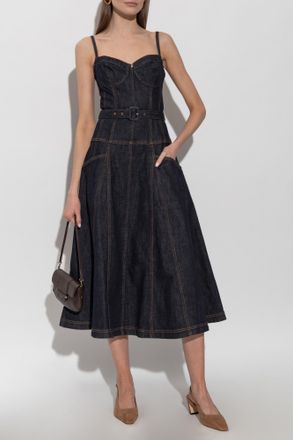 Self Portrait Denim Dress With Straps, Womens, Navy Blue