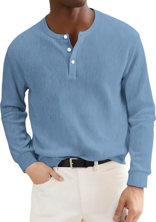 Generic Mens Waffle Henley Long Sleeve Waffle Knit Henley Men Casual Polo Shirts Long Sleeve Ribbed Textured Knitted Tees Wrok Tshirt Button up Pullover Light