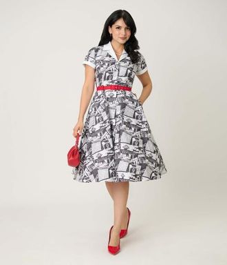 Unique Vintage Collared Short Sleeved Belted Alexis Swing Dress in Black & White Newspaper Print at Nordstrom, Size X-Large