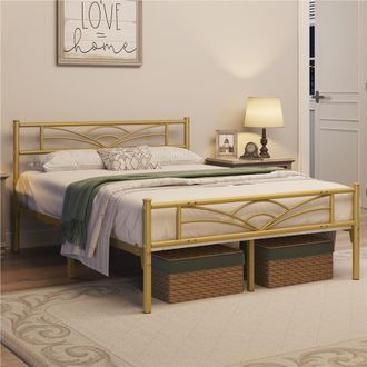 Yaheetech Yaheetech - Cama Doble Con Espacio Bajo Marco Metal Altura 32 Cm Cama Individual Con Cabecera Para Colch&oacute;n De 140x 200 Cm Oro