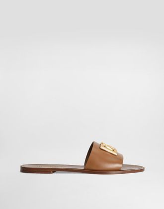 Dolce & Gabbana Flat Slippers In Calfskin - Woman Slides And Mules Brown Leather 37.5