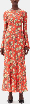 Ganni Red Orange Floral Printed Satin Maxi Dress - Size 32 Viscose