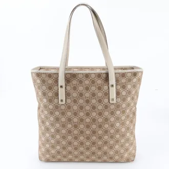 Ferragamo Beige Leather Canvas Handbag Shoulder Bag Tote Bag (Pre-Owned)