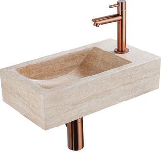 Saniclass Fuente Fonteinset - 40x22x10cm - kraangat rechts - fonteinkraan geborsteld koper PVD - afvoerplug - verlaagd sifon - gemeleerd natuursteen