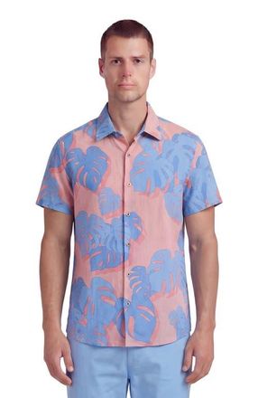 Lords of Harlech Monstera Floral Mens Linen Button-up Shirt in Monstera Floral Coral at Nordstrom, Size Xx-Large