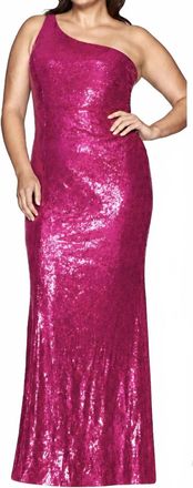 Faviana One Shoulder Long Dress With Sequins - Plus In Fuschia