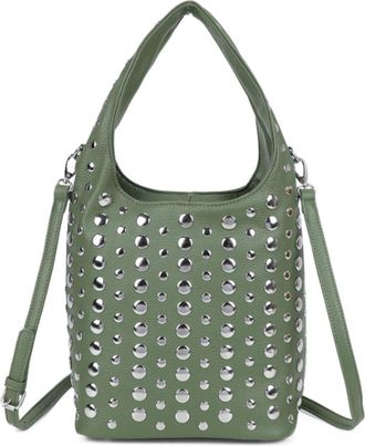 Generic Womens Studded Hobo Shoulder Bag,Faux Leather, Silver Metal Rivets, Crossbody Design, Fashion Handbag (Green)