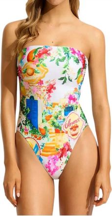 Seafolly Bandeau Postcard Print One Piece In White Multi