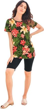 Roaman's Plus Size Cotton Ultimate Crewneck Tee in Black Tropical Floral at Nordstrom, Size 6X