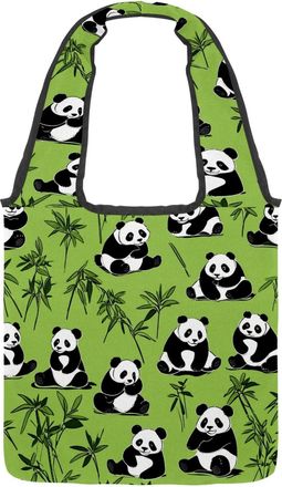 Generic Cute Panda on Green Reversible Canvas Shoulder Tote - Double-Sided Print, 12oz Cotton, 27cm Drop, Fold-Flat Bag for Travel, Shopping, Street Outings