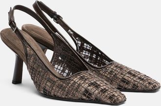 Brunello Cucinelli Beaded checked leather-trimmed slingback pumps