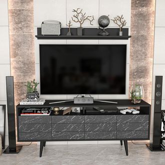Decorotika Ola 160cm Wide TV Stand Media Console with Wall Shelf for TVs up to 72 inch in Black