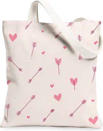 Generic Valentines Day Arrowhead Heart Canvas Tote Bags, Cute Love Pattern Reusable Shopping Bags, Lightweight Washable Shoulder Strap Canvas for Travel Beach